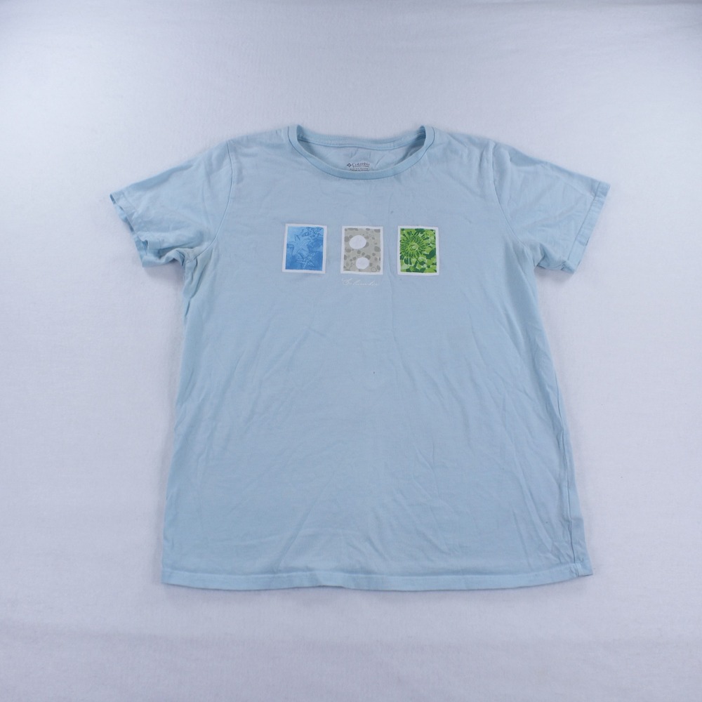 Columbia Women's Light Blue Graphic T-Shirt Size M Cotton Short Sleeve Hiking